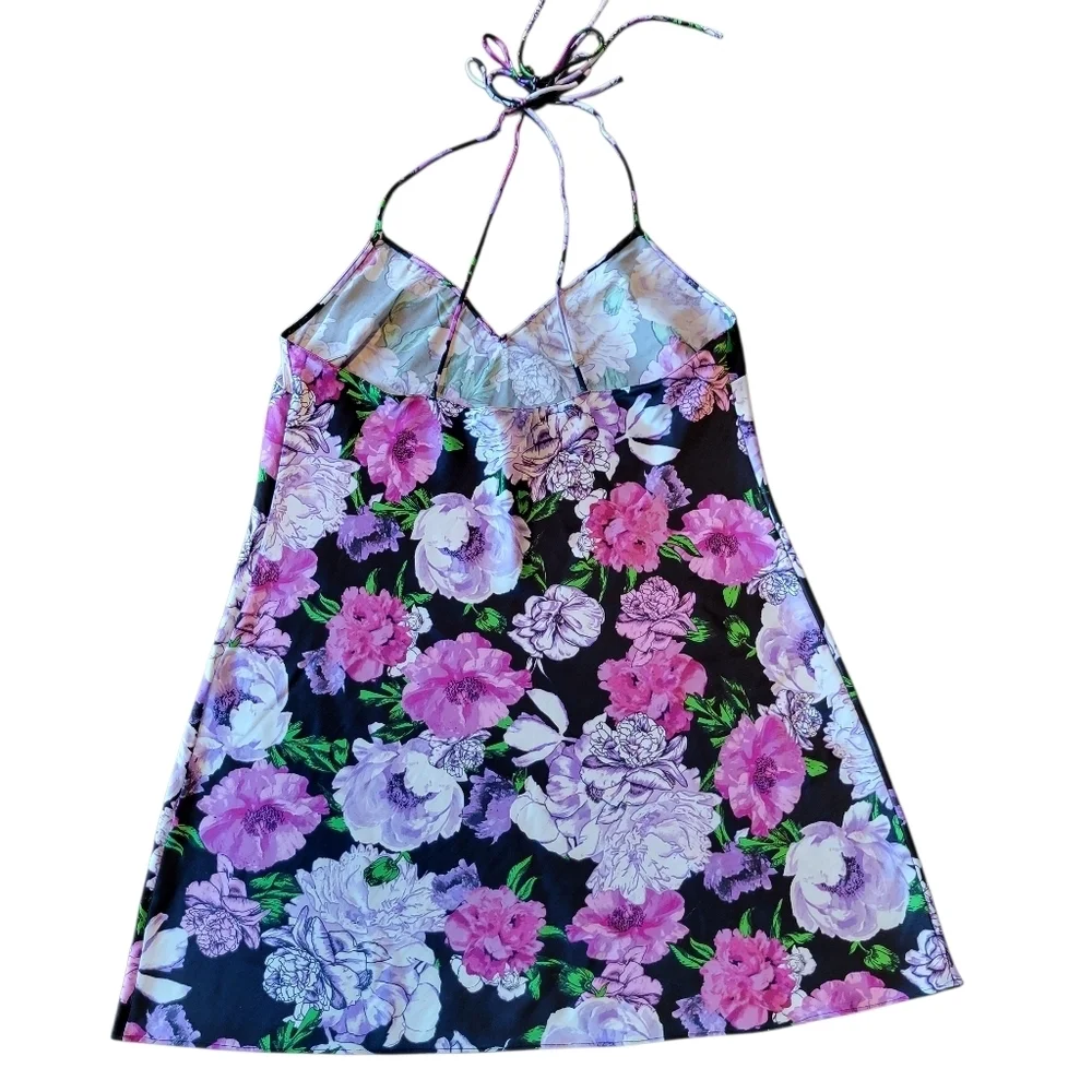 Victoria's Secret Tie Shoulders Black Pink Purple Rose Floral Satin Mini Slip